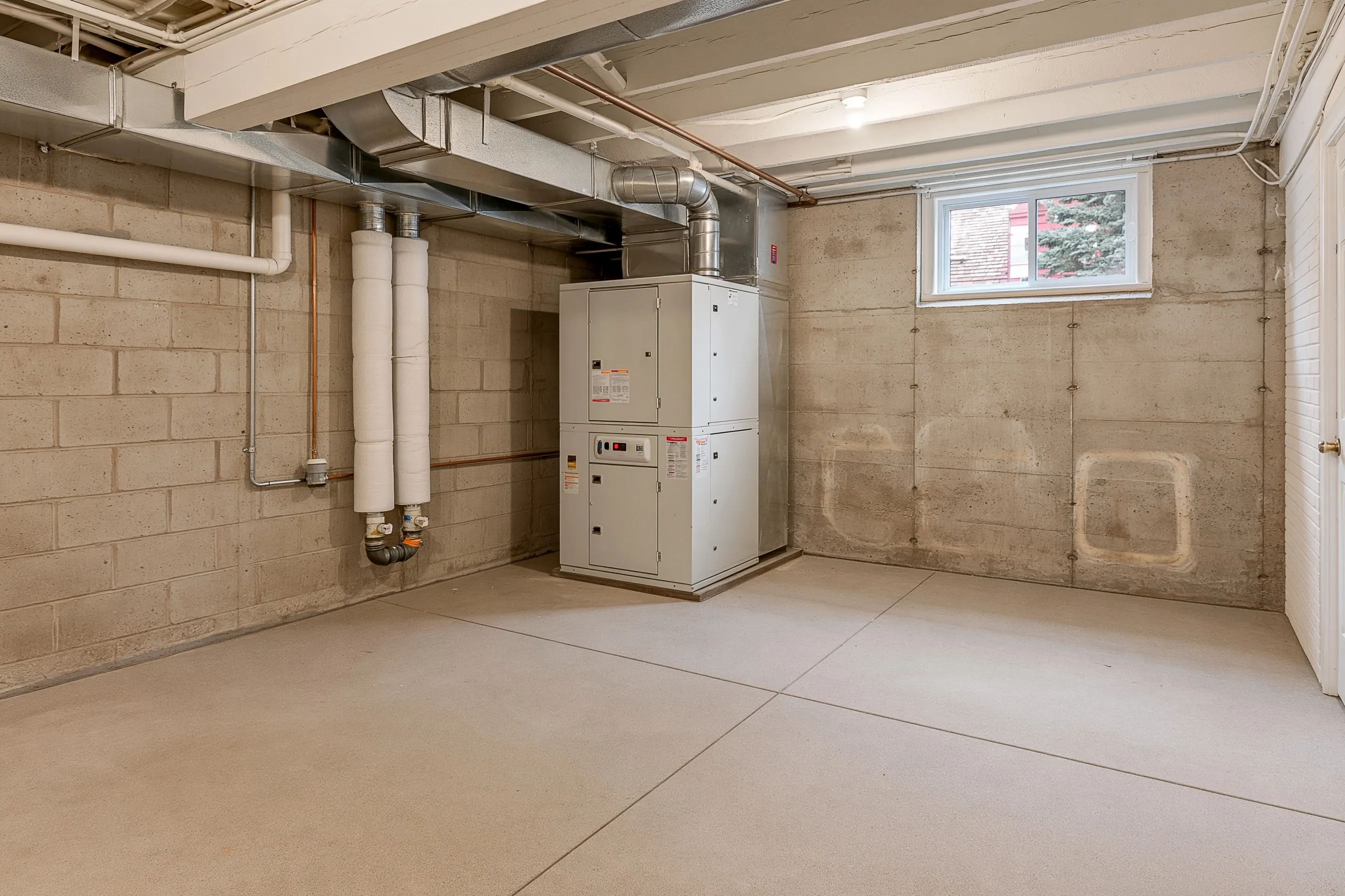 Unfinished basement with a geothermal heat pump cabinet tied into the old metal ducts, insulated loop pipes along the block wall and pale marks where the old equipment stood
