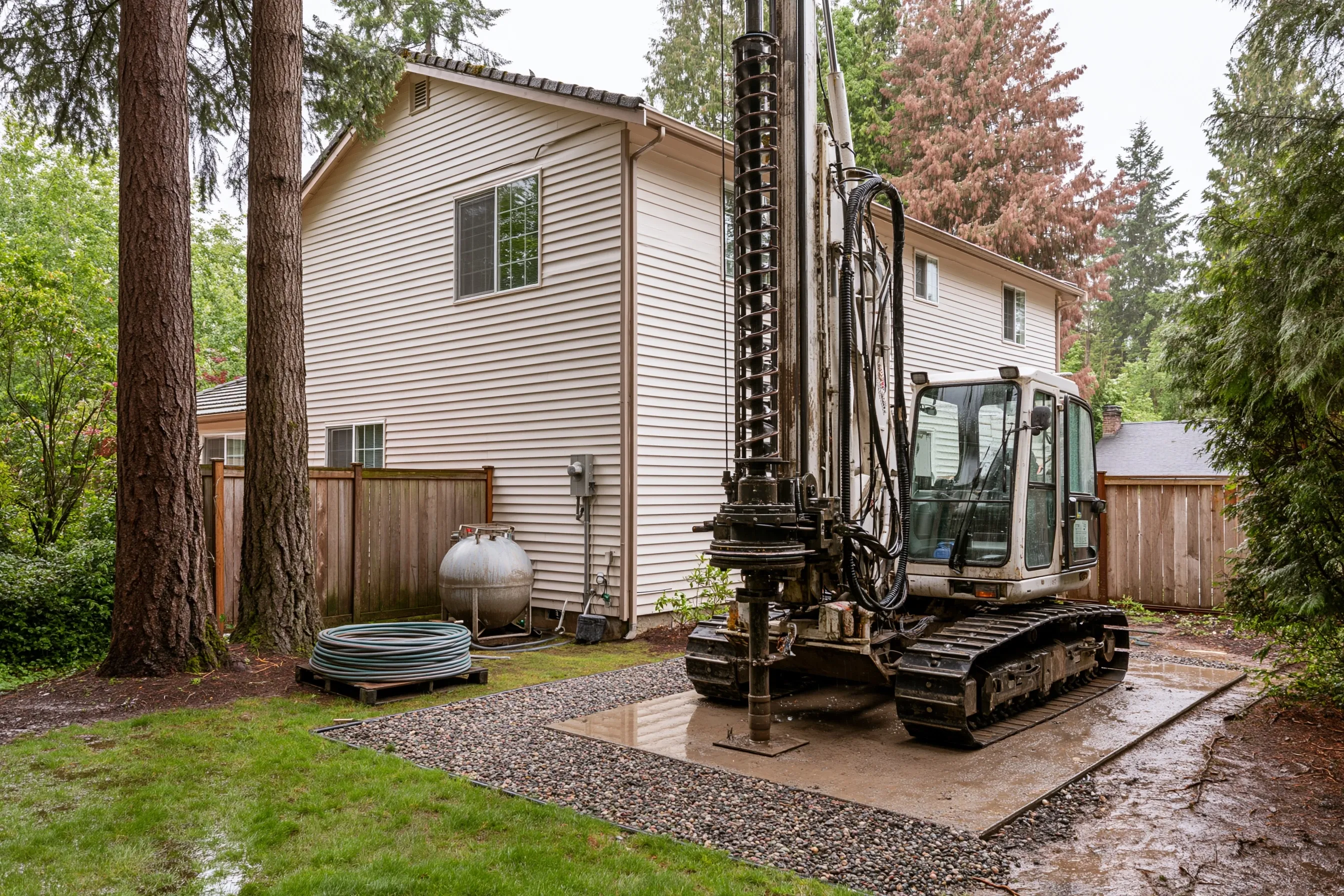 Compact tracked drill rig on a gravel pad in the narrow side yard of a two-story house with vinyl siding, a wood fence and tall evergreens