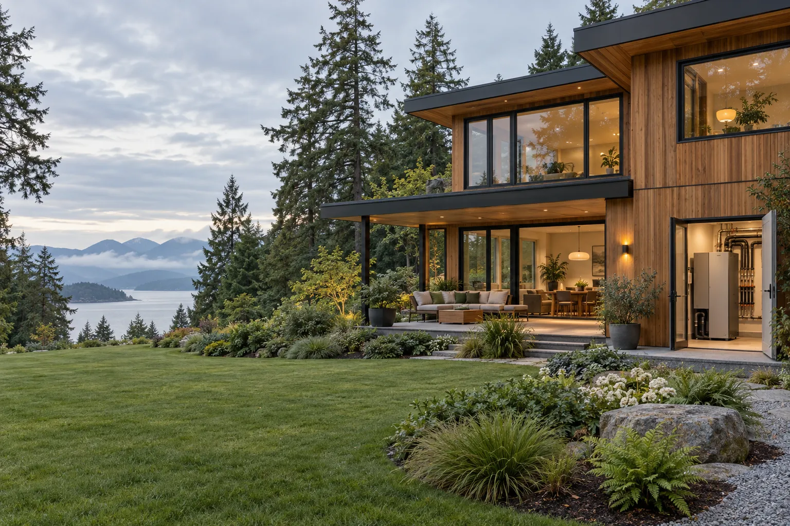 Contemporary home with a garden and a ground-source heating unit in a side utility room