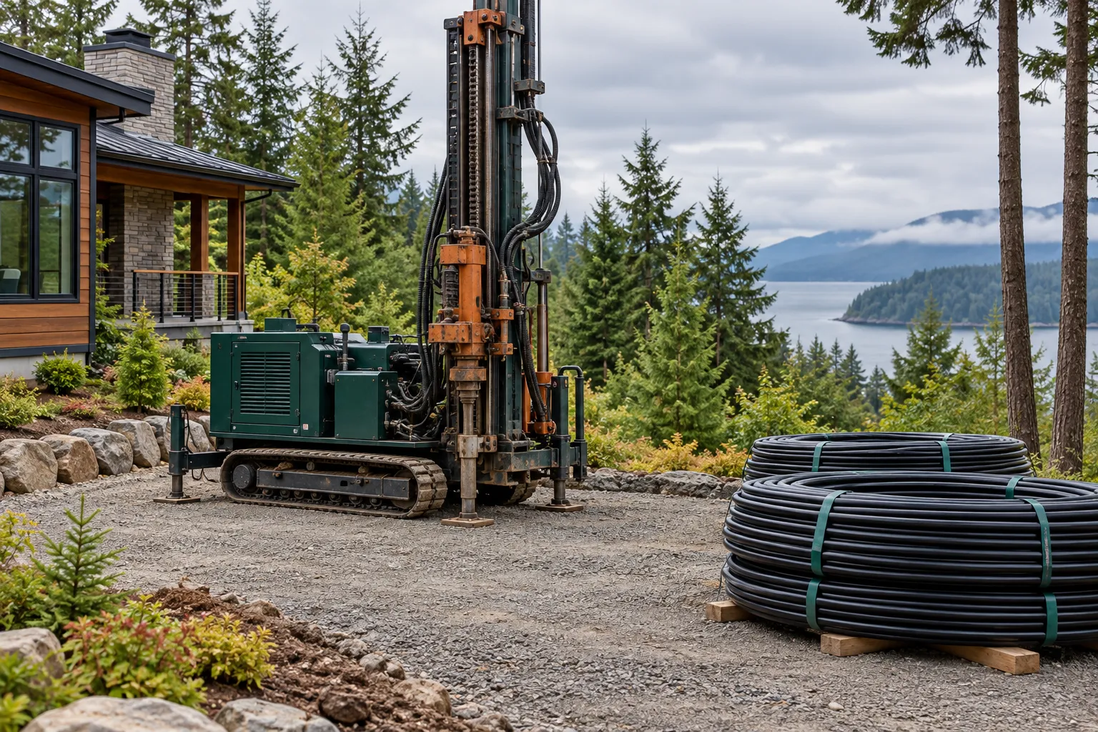 Parked drilling rig and coiled ground-loop pipe beside a house