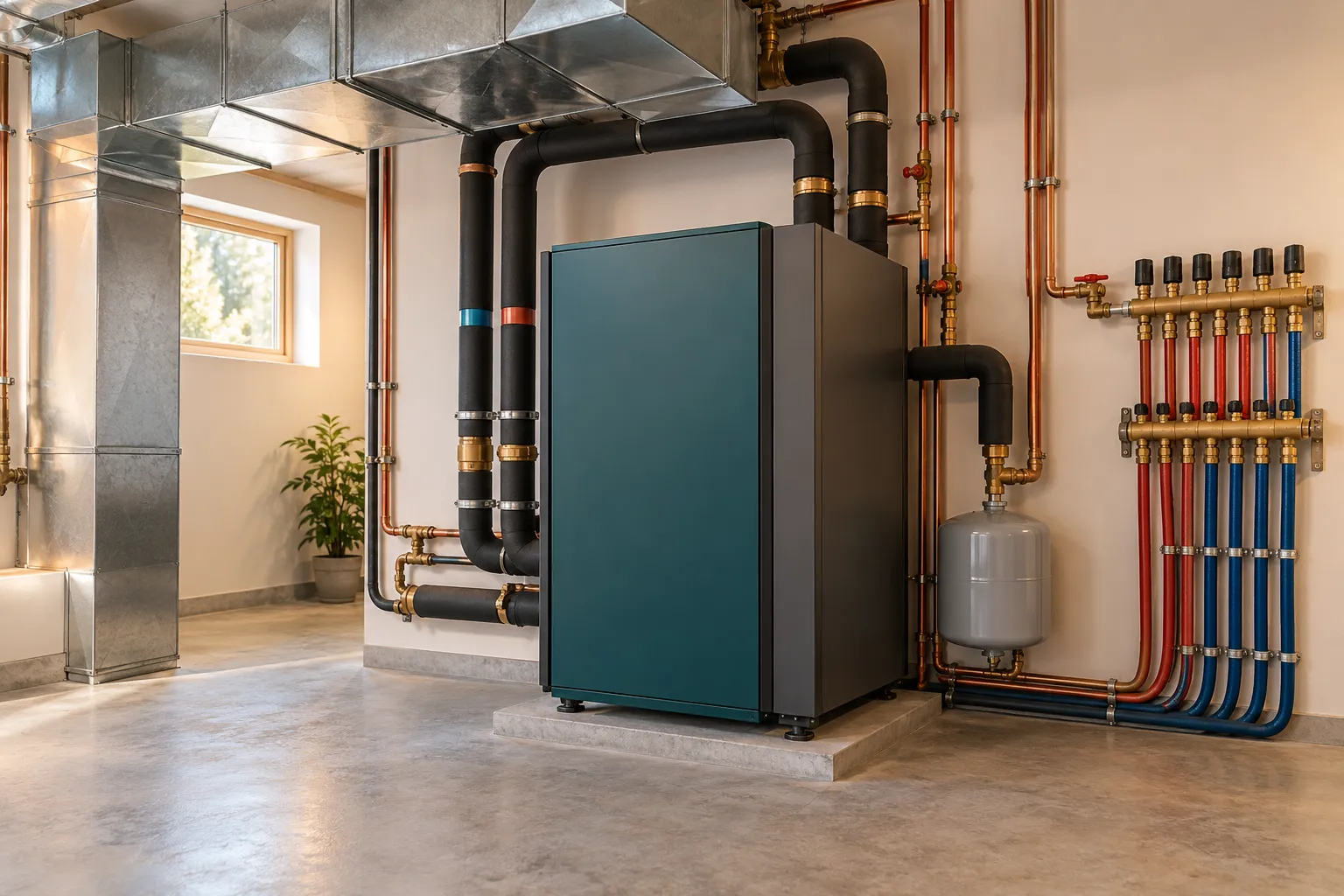 Indoor ground-source heat pump with insulated pipes and air-distribution ductwork